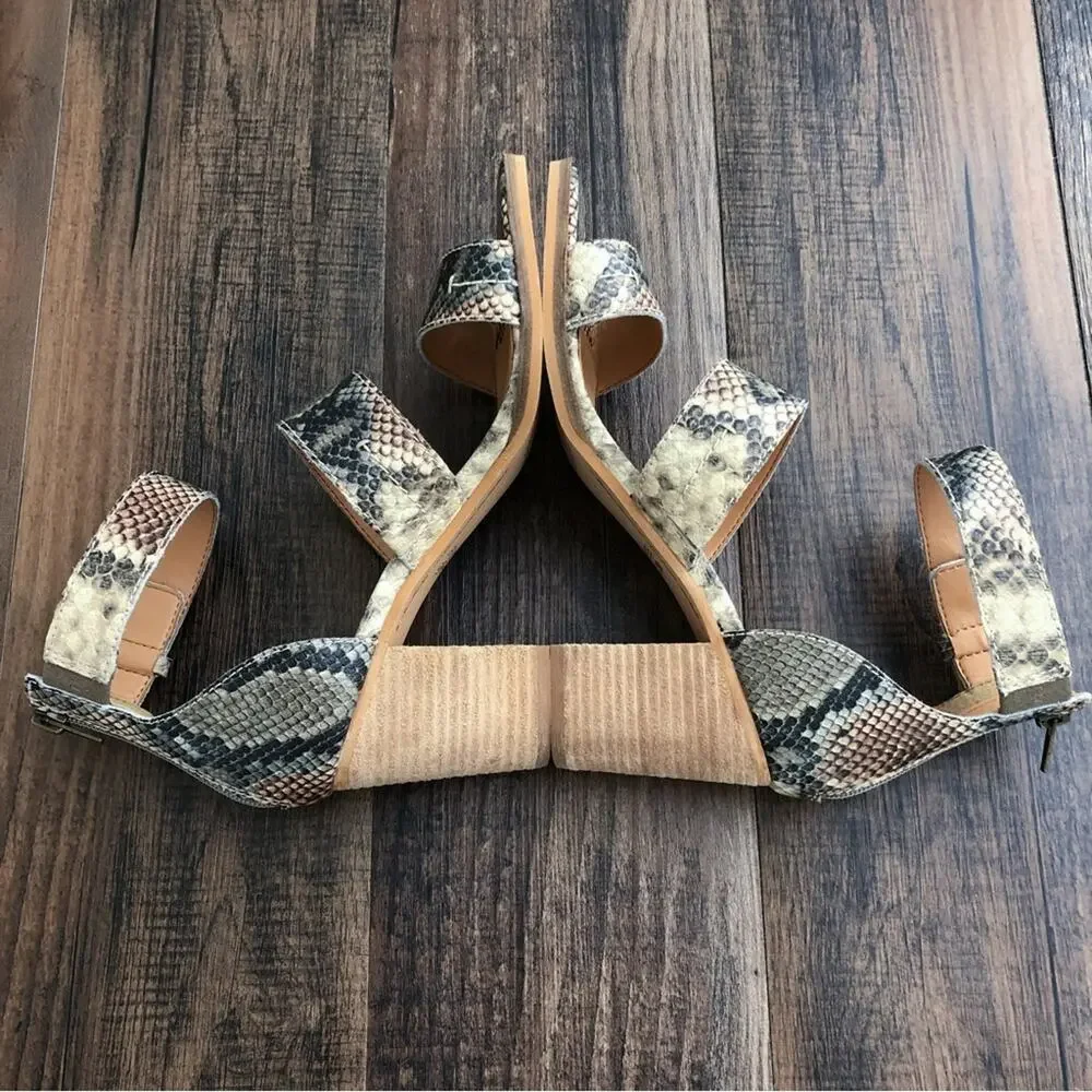 Frye & Co Ankle Strap Leather Sandal Block Heel Snakeskin Size 8.5 Gray Brown